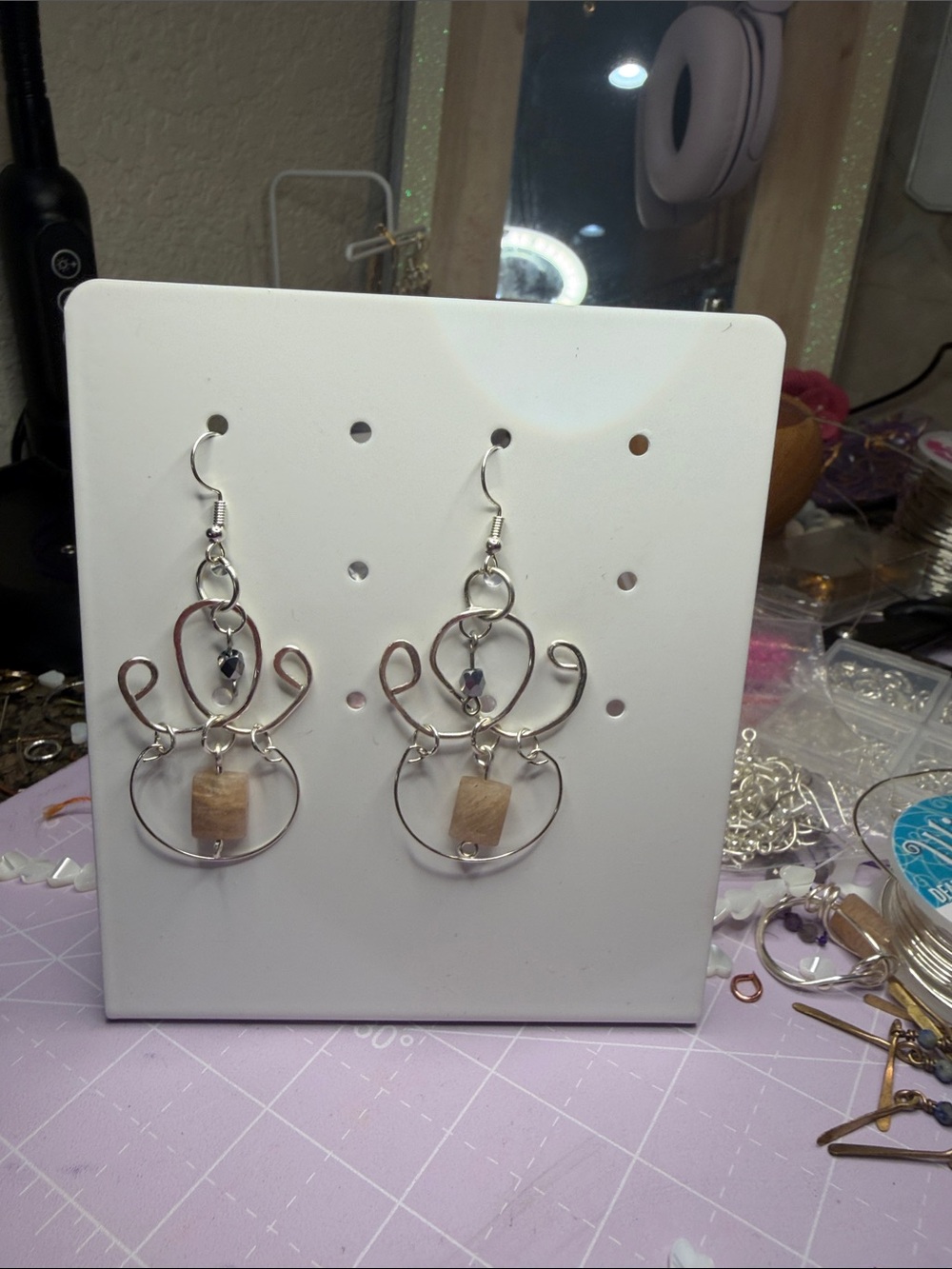 Silver Wire Drop Earrings with Beige Accent Beads